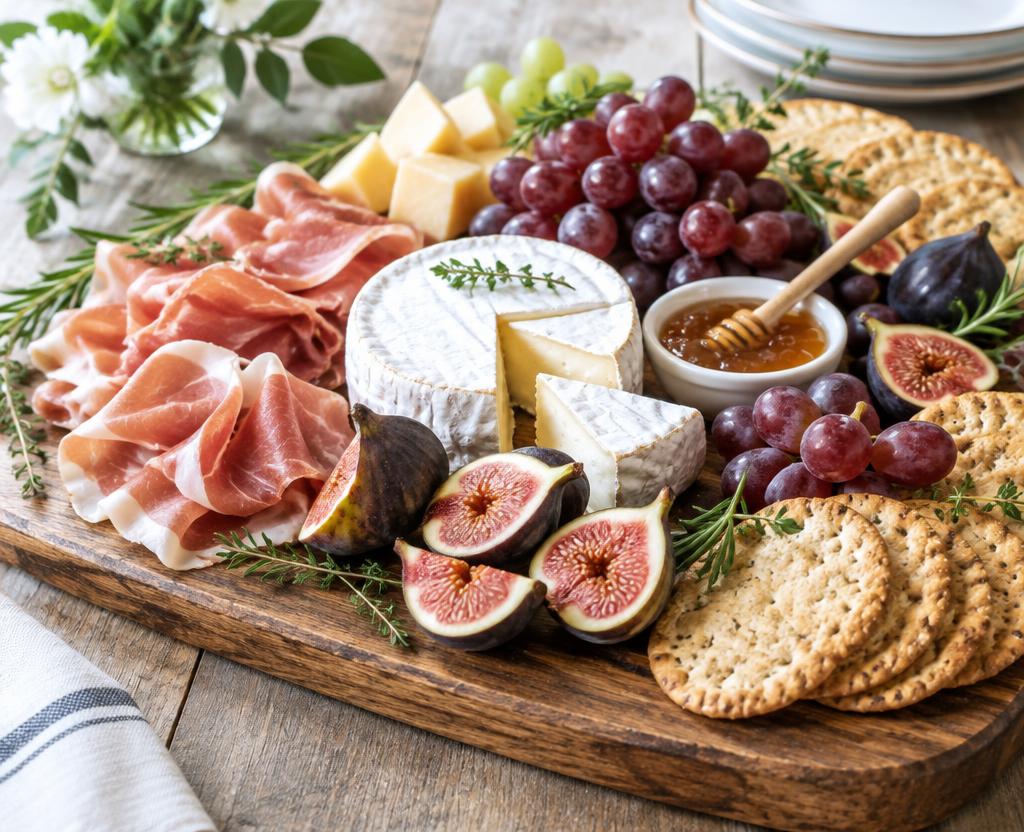 Classic charcuterie board with prosciutto, brie, figs, grapes and crackers